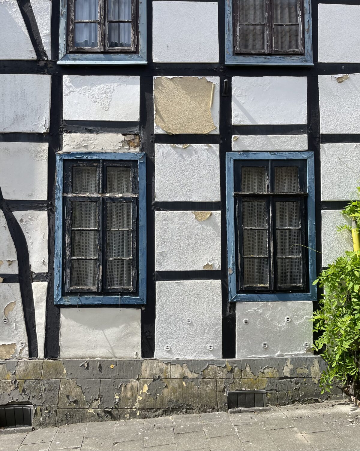 Die Wand eines Fachwerkhauses in Bad Iburg. Man sieht vier Fenster mit blauen Rahmen. Teile der weißen Wandfarbe ist abgebröckelt. Man erkennt, dass das Haus an einer Steigung steht, weil der Gehsteig schräg verläuft.
